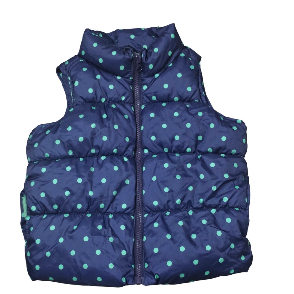 Old Navy‎ Puffer Vest Kids XS 5T Blue Green Polka Dot Sleeveless Jacket